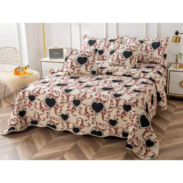 Cuvertura pat dublu din Bumbac Finet, 5 PIESE, Crem-Maro-Negru, inimioare [1]