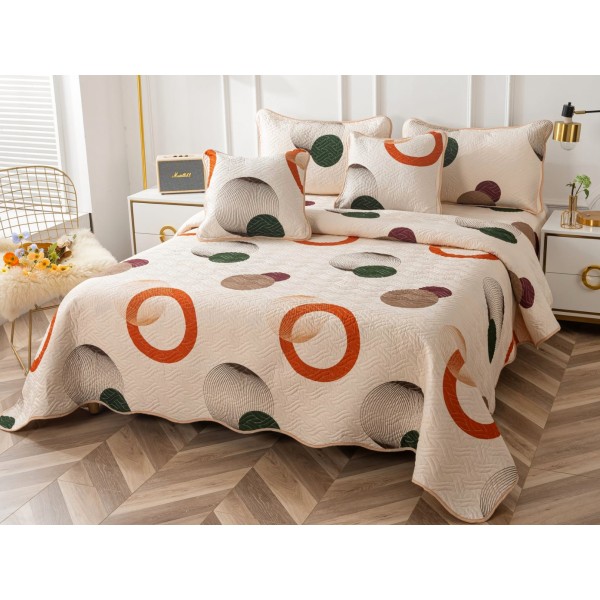 Cuvertura pat dublu din Bumbac Finet, 5 PIESE, Crem-Multicolor, cercuri [1]