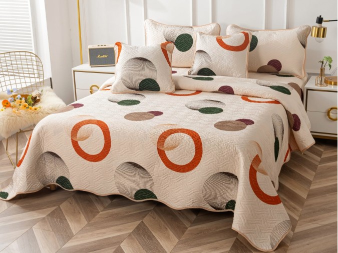 Cuvertura pat dublu din Bumbac Finet, 5 PIESE, Crem-Multicolor, cercuri