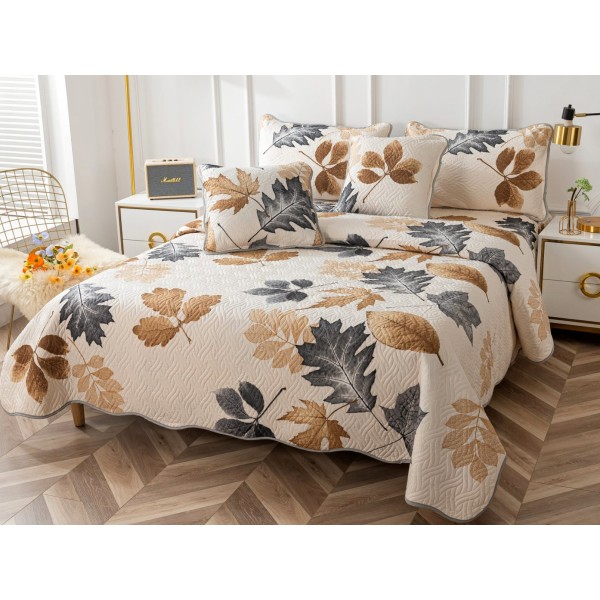 Cuvertura pat dublu din Bumbac Finet, 5 PIESE, Crem-Maro, frunze [1]
