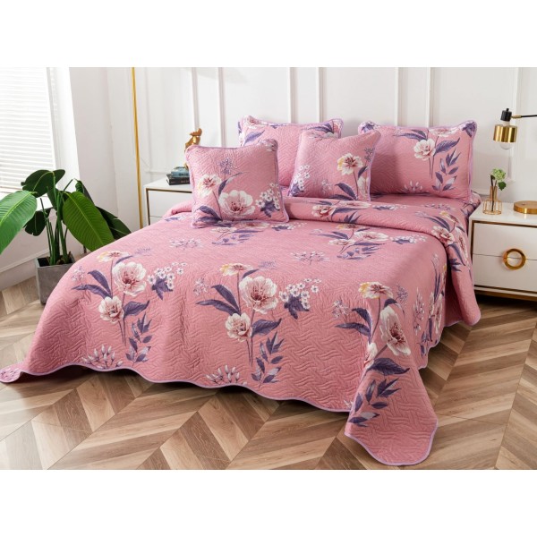 Cuvertura pat dublu din Bumbac Finet, 5 PIESE, Roz, flori [1]