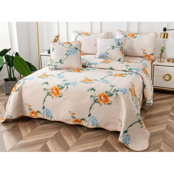 Cuvertura pat dublu din Bumbac Finet, 5 PIESE, Crem-Albastru, flori [1]