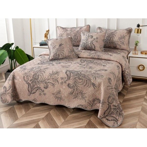 Cuvertura pat dublu din Bumbac Finet, 5 PIESE, Bej-Gri, model elegant [1]