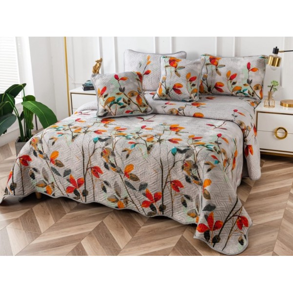 Cuvertura pat dublu din Bumbac Finet, 5 PIESE, Gri-Multicolor, frunze, crengute [1]