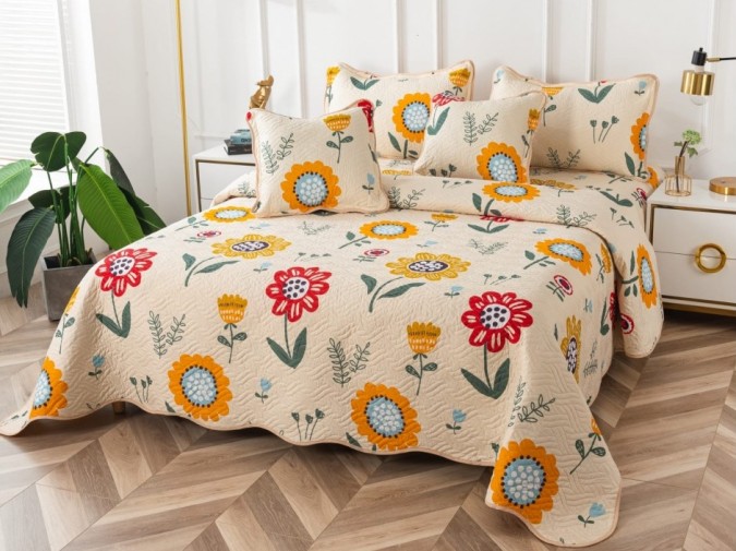 Cuvertura pat dublu din Bumbac Finet, 5 PIESE, Crem-Multicolor, flori