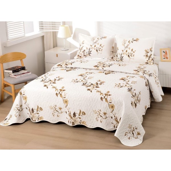 Cuvertura pat dublu din Bumbac Satinat Superior, 3 PIESE, Crem-Bej, flori [1]