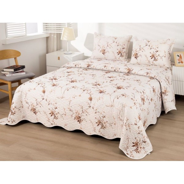 Cuvertura pat dublu din Bumbac Satinat Superior, 3 PIESE, Crem-Bej, flori [1]