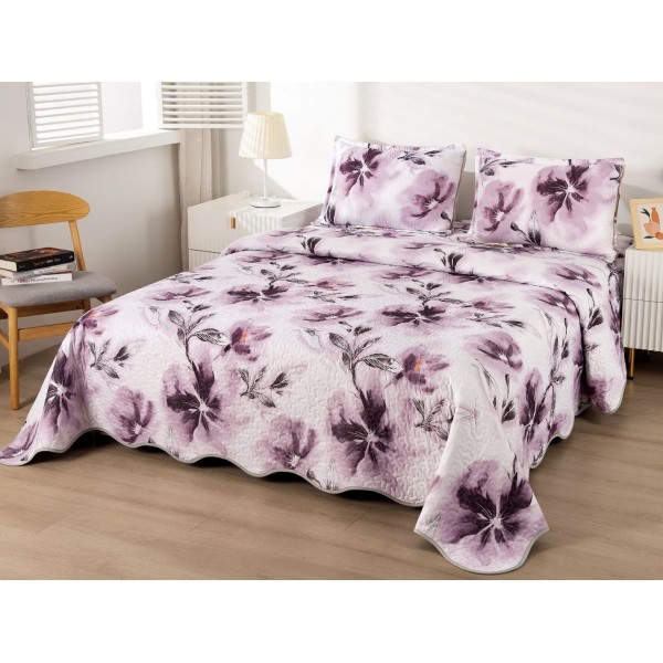 Cuvertura pat dublu din Bumbac Satinat Superior, 3 PIESE, Gri, flori [1]