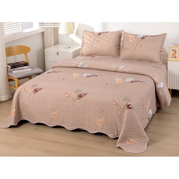 Cuvertura pat dublu din Bumbac Satinat Superior, 3 PIESE, Bej, pene, fluturi [1]