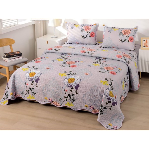 Cuvertura pat dublu din Bumbac Satinat Superior, 3 PIESE, Gri, flori [1]