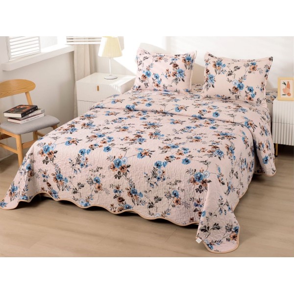 Cuvertura pat dublu din Bumbac Satinat Superior, 3 PIESE, Bej-Bleu, flori [1]