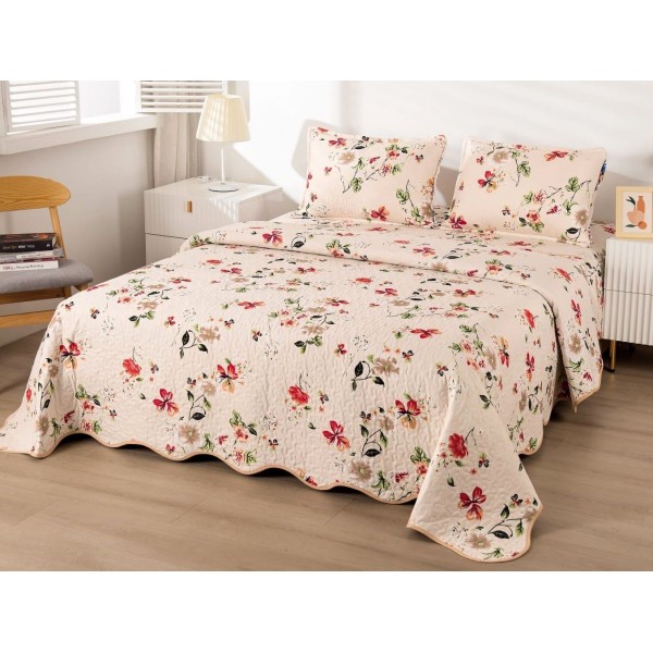 Cuvertura pat dublu din Bumbac Satinat Superior, 3 PIESE, Crem-Rosu, flori [1]