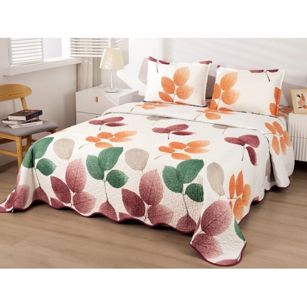 Cuvertura pat dublu din Bumbac Satinat Superior, 3 PIESE, Crem-Multicolor, frunze [1]
