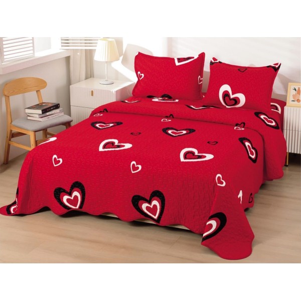 Cuvertura pat dublu din Bumbac Satinat Superior, 3 PIESE, Rosu-Alb-Negru, inimioare [1]