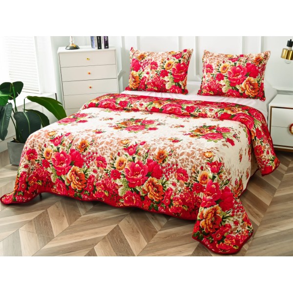 Cuvertura pat dublu din Bumbac Satinat Superior, 3 PIESE, Crem-Rosu, flori [1]