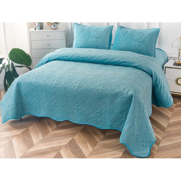 Cuvertura pat dublu, 3 piese, Catifea Matlasata, 230x250cm, Bleu [1]