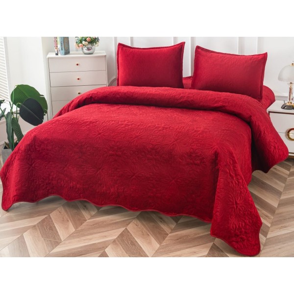 Cuvertura pat dublu, 3 piese, Catifea Matlasata, 230x250cm, Bordo [1]