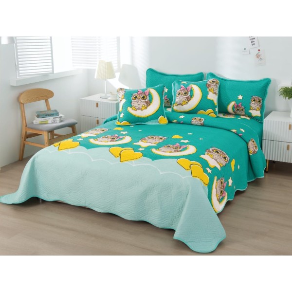 Cuvertura pat dublu din Bumbac Finet, 5 PIESE, Verde-Galben, bufnite, inimioare [1]