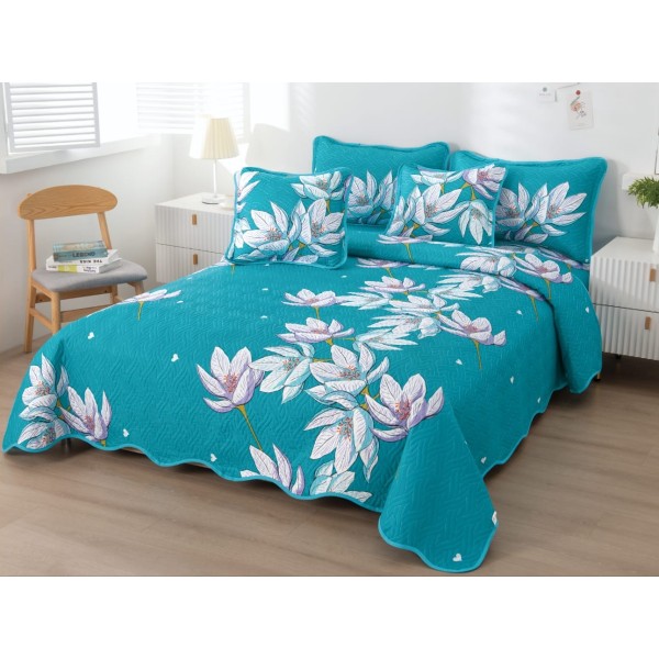 Cuvertura pat dublu din Bumbac Finet, 5 PIESE, Alb-Turquoise, flori [1]