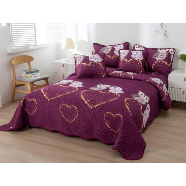 Cuvertura pat dublu din Bumbac Finet, 5 PIESE, Visiniu, bufnite, inimioare [1]