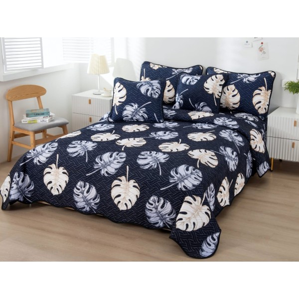 Cuvertura pat dublu din Bumbac Finet, 5 PIESE, Bleumarin, frunze [1]