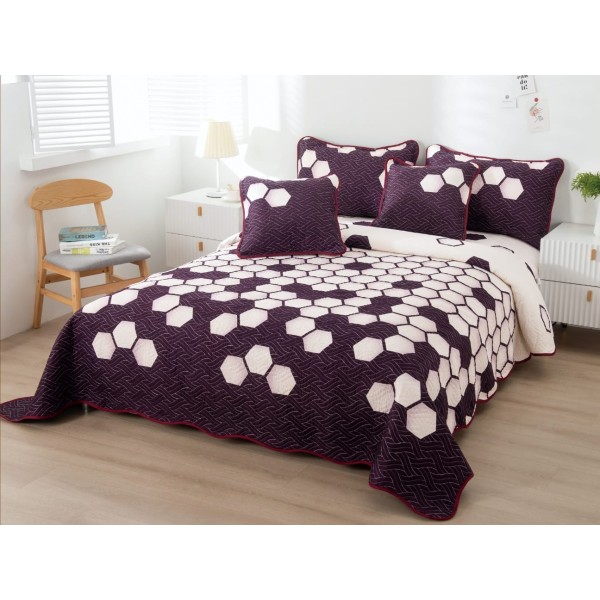 Cuvertura pat dublu din Bumbac Finet, 5 PIESE, Visiniu-Crem, forme geometrice [1]