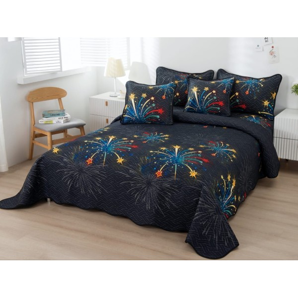 Cuvertura pat dublu din Bumbac Finet, 5 PIESE, Negru-Multicolor, stelute, artificii [1]
