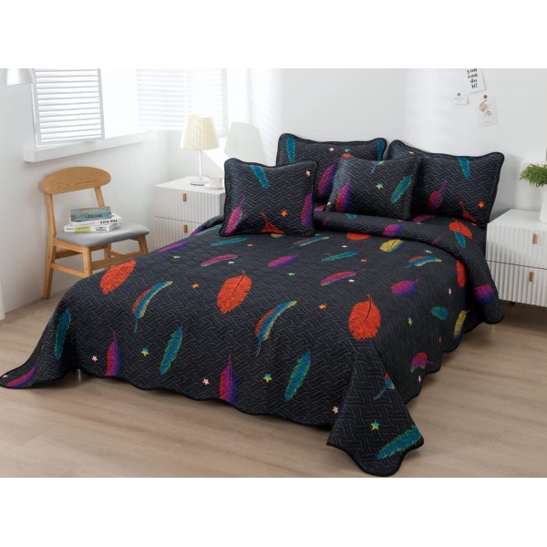 Cuvertura pat dublu din Bumbac Finet, 5 PIESE, Negru-Multicolor, pene, stelute [1]