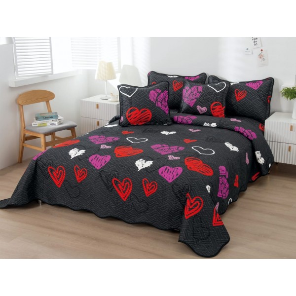 Cuvertura pat dublu din Bumbac Finet, 5 PIESE, Negru-Multicolor, inimioare [1]
