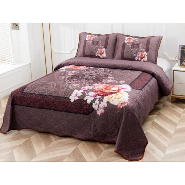 Cuvertura pat dublu, din bumbac tip finet, Identica cu Poza, 3 PIESE, Maro, flori [1]