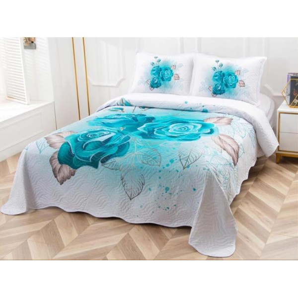 Cuvertura pat dublu, din bumbac tip finet, Identica cu Poza, 3 PIESE, Turquoise, trandafiri [1]