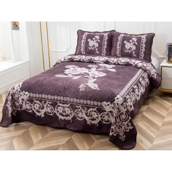 Cuvertura pat dublu, din bumbac tip finet, Identica cu Poza, 3 PIESE, Maro, floral [1]