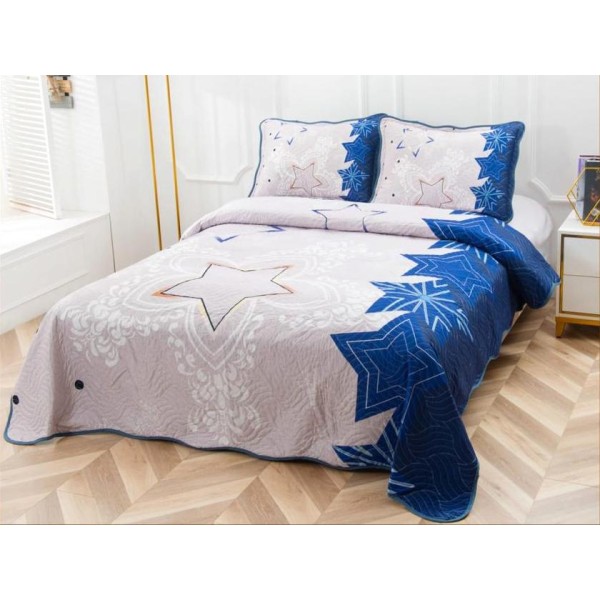 Cuvertura pat dublu, din bumbac tip finet, Identica cu Poza, 3 PIESE, Albastru, stelute [1]