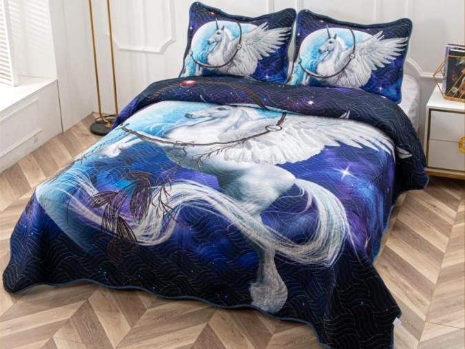Cuvertura pat dublu, din bumbac tip finet, Identica cu Poza, 3 PIESE, Albastru, unicorn