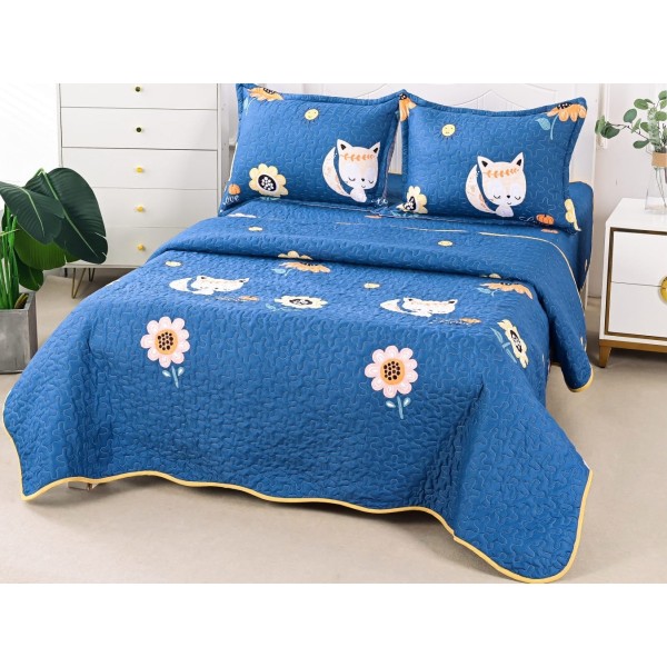 Cuvertura pat 1 PERSOANA din Bumbac Satinat Superior, 3 PIESE, Albastru, flori, pisicute [1]