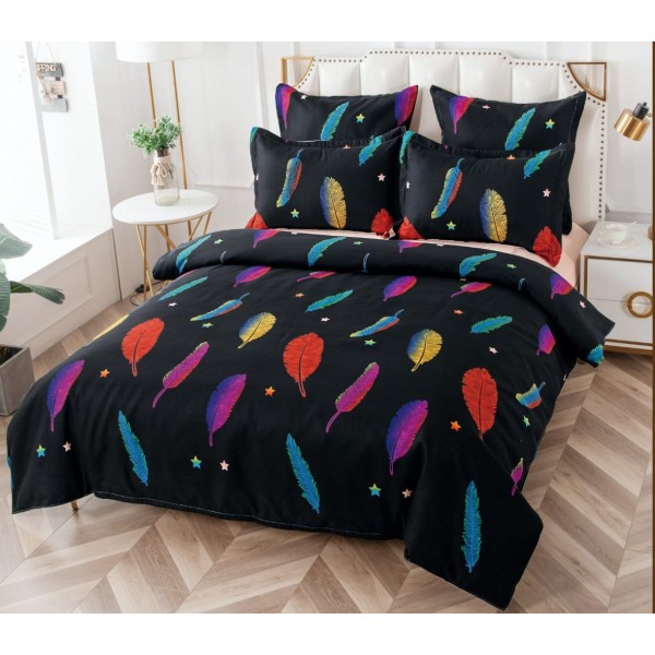 Lenjerie pat dublu, BUMBAC FINET, 6 piese, CU ELASTIC, Negru-Multicolor, pene [1]