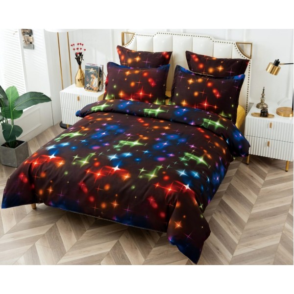 Lenjerie pat dublu, BUMBAC FINET, 6 piese, CU ELASTIC, Negru-Multicolor, stelute [1]