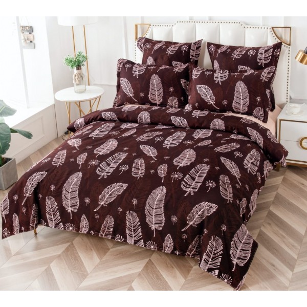 Lenjerie pat dublu, BUMBAC FINET, 6 piese, CU ELASTIC, Visiniu-Bej, pene [1]