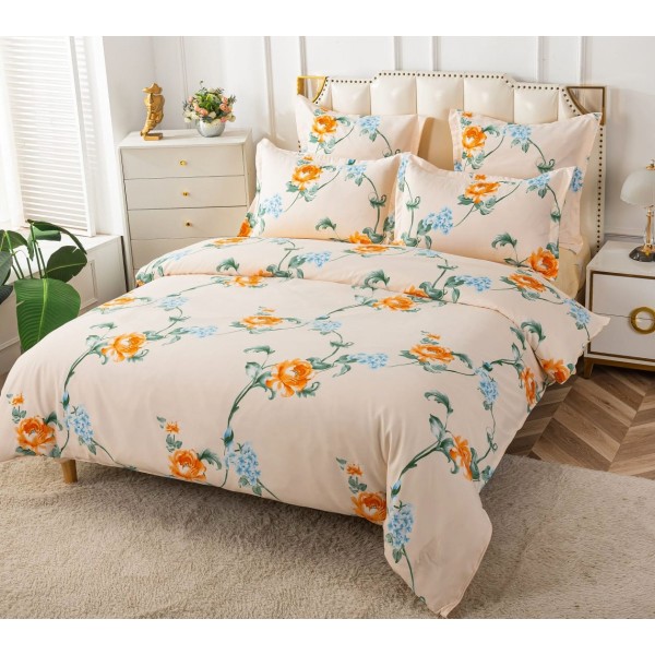 Lenjerie pat dublu, BUMBAC FINET, 6 piese, CU ELASTIC, Crem-Albastru, flori [1]