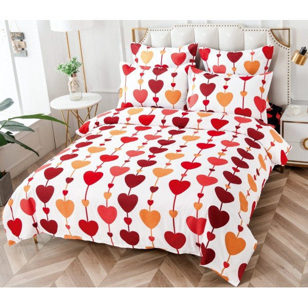Lenjerie pat dublu, BUMBAC FINET, 6 piese, CU ELASTIC, Alb-Rosu, inimioare [1]