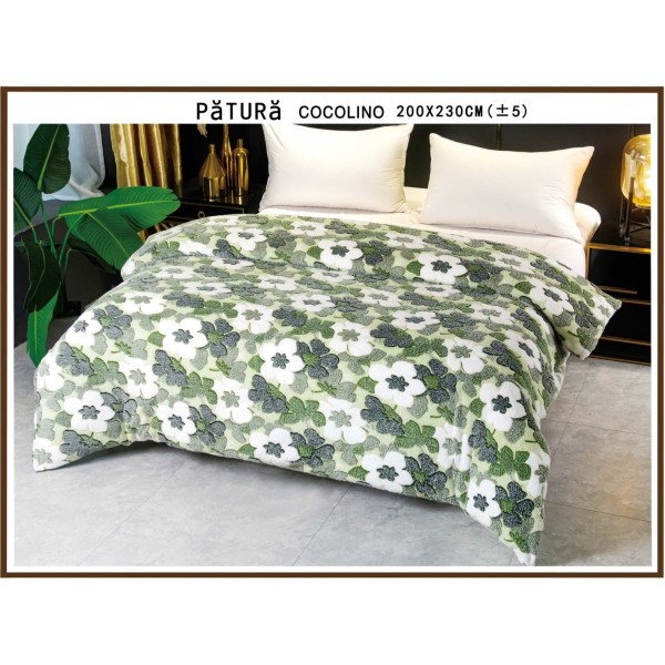 Patura pufoasa cocolino 200x230cm, 220gr, Verde, flori [1]