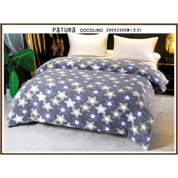 Patura pufoasa cocolino 200x230cm, 220gr, Gri-Albastru, stelute [1]