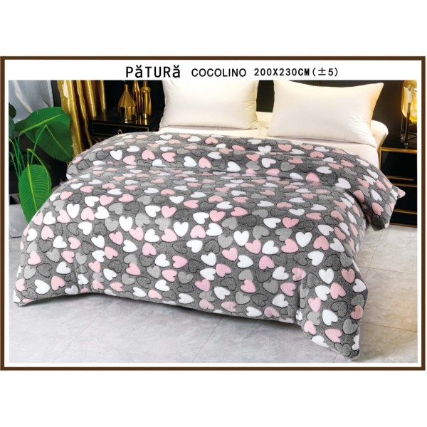 Patura pufoasa cocolino 200x230cm, 220gr, Gri-Roz, inimioare [1]