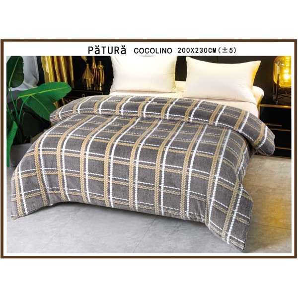 Patura pufoasa cocolino 200x230cm, 220gr, Gri-Bej, patrate [1]