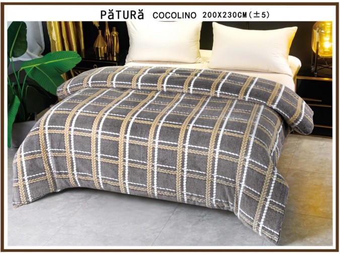 Patura pufoasa cocolino 200x230cm, 220gr, Gri-Bej, patrate