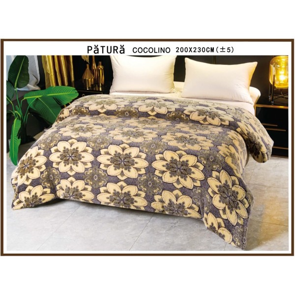Patura pufoasa cocolino 200x230cm, 220gr, Gri-Bej, flori [1]