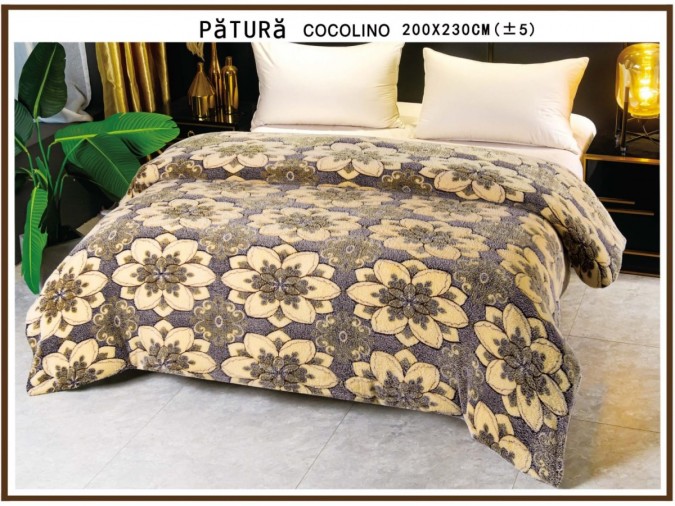 Patura pufoasa cocolino 200x230cm, 220gr, Gri-Bej, flori