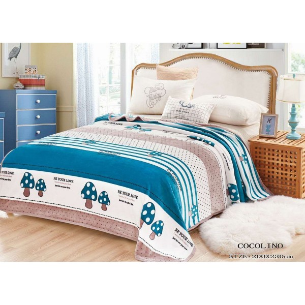 Patura pufoasa cocolino 200x230cm, 300gr/mp, Alb-Bleu, Ciuperci, Dungi [1]