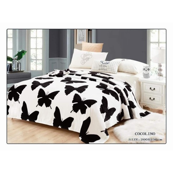 Patura pufoasa cocolino 200x230cm, 300gr/mp, Alb-Negru, Fluturi [1]