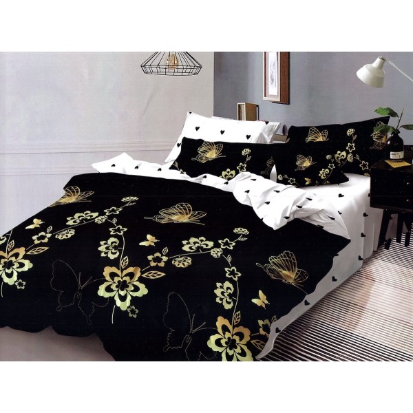 Lenjerie pat dublu, Pucioasa Romania, 4 piese, Bumbac Satinat Superior, Negru-Auriu, flori, fluturi [1]